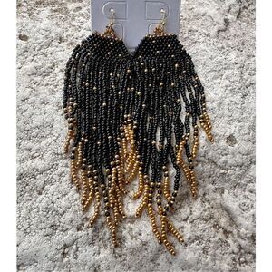 Western Earrings Black and Gold Fringe Dress Night Out Seed Beads